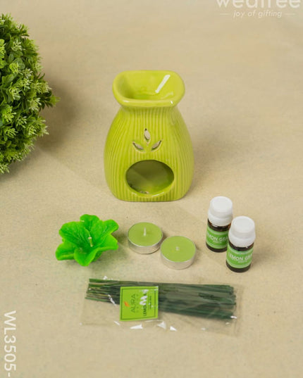 Blue Pottery Diffuser Candle Holder With Lemon Grass Oil And Incense Sticks - Wl3505-3 Candles &