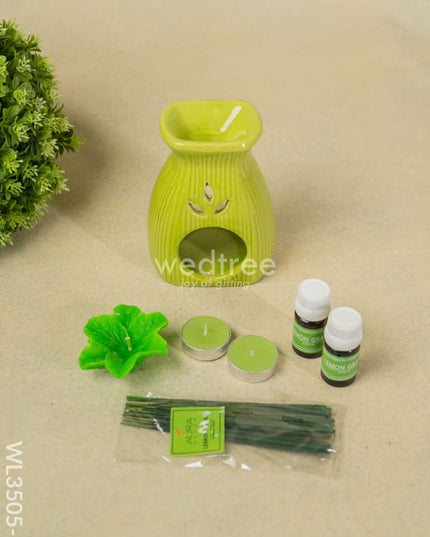 Blue Pottery Diffuser Candle Holder With Lemon Grass Oil And Incense Sticks - Wl3505-3 Candles &