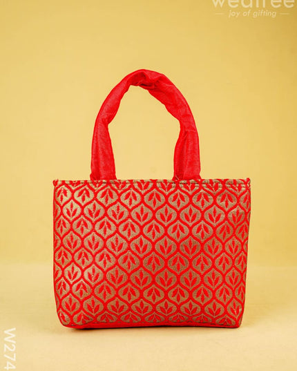 Hand Bag Raw Silk with Golden Leaf Design - W2746 - Hand Bags
