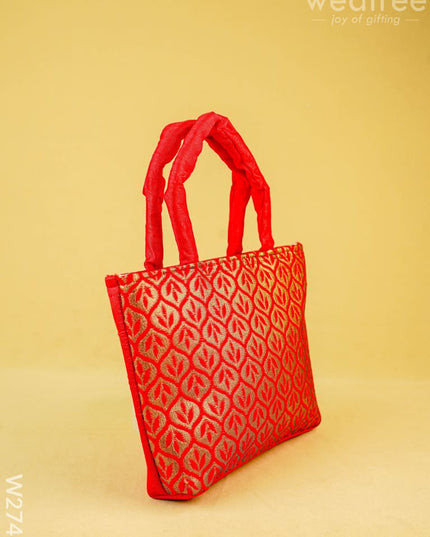 Hand Bag Raw Silk with Golden Leaf Design - W2746 - Hand Bags