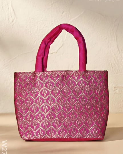 Hand Bag Raw Silk with Golden Leaf Design - W2746 - Hand Bags