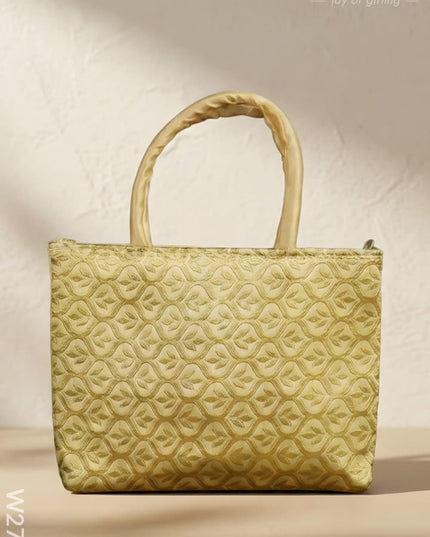 Hand Bag Raw Silk with Golden Leaf Design - W2746 - Hand Bags