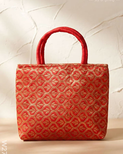Hand Bag Raw Silk with Golden Leaf Design - W2746 - Hand Bags