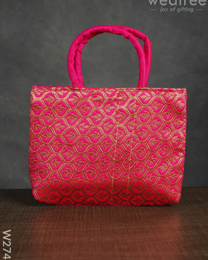 Hand Bag Raw Silk with Golden Leaf Design - W2746 - Hand Bags
