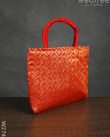 Hand Bag Raw Silk with Golden Leaf Design - W2746 - Hand Bags