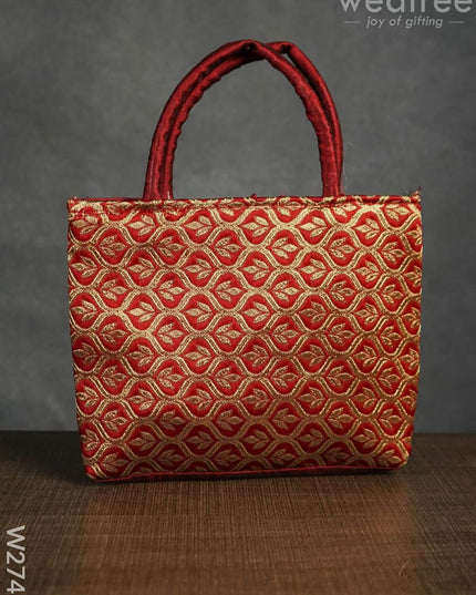 Hand Bag Raw Silk with Golden Leaf Design - W2746 - Hand Bags