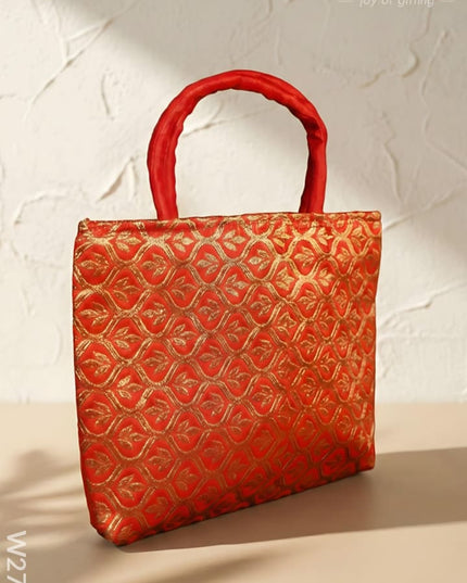 Hand Bag Raw Silk with Golden Leaf Design - W2746 - Hand Bags