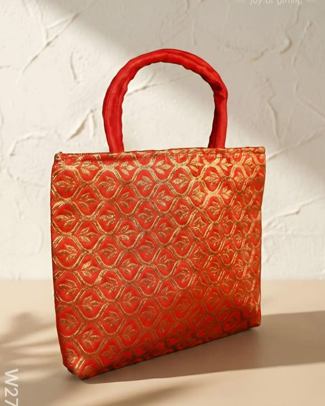 Hand Bag Raw Silk with Golden Leaf Design - W2746 - Hand Bags