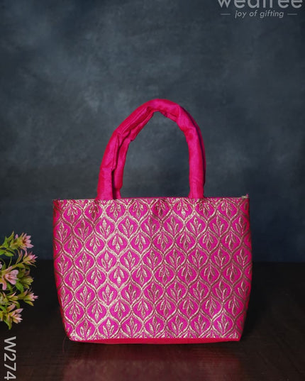 Hand Bag Raw Silk with Golden Leaf Design - W2746 - Hand Bags