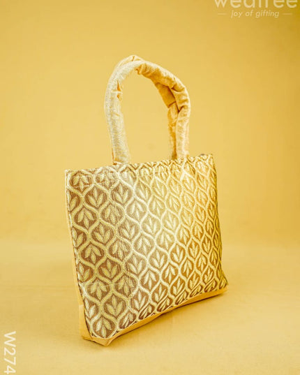 Hand Bag Raw Silk with Golden Leaf Design - W2746 - Hand Bags