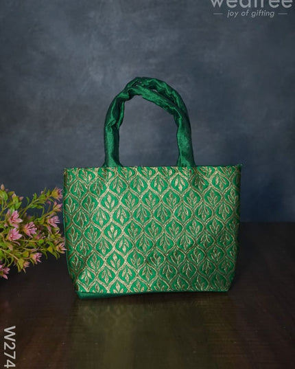 Hand Bag Raw Silk with Golden Leaf Design - W2746 - Hand Bags