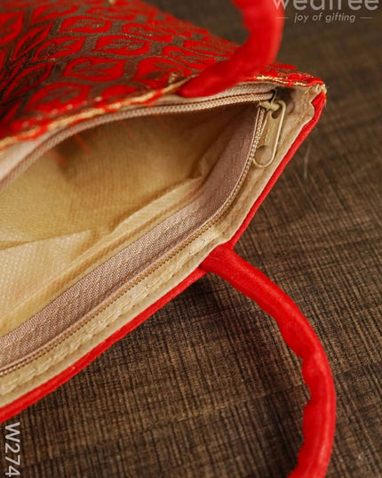 Hand Bag Raw Silk with Golden Leaf Design - W2746 - Hand Bags