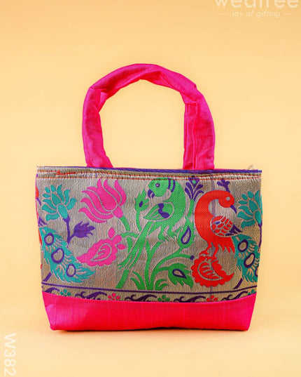 Hand bag raw silk with Peacock design - W3826 - Hand Bags