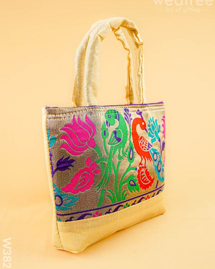 Hand bag raw silk with Peacock design - W3826 - Hand Bags