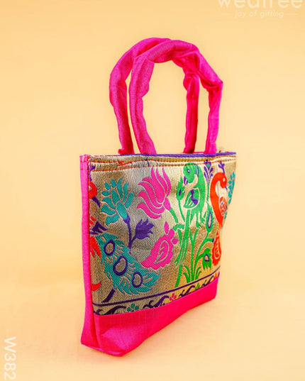 Hand bag raw silk with Peacock design - W3826 - Hand Bags