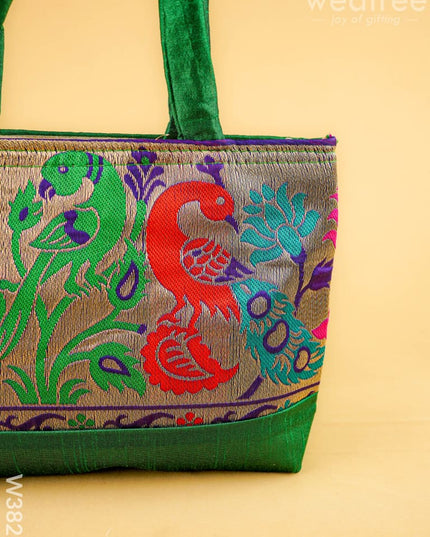 Hand bag raw silk with Peacock design - W3826 - Hand Bags