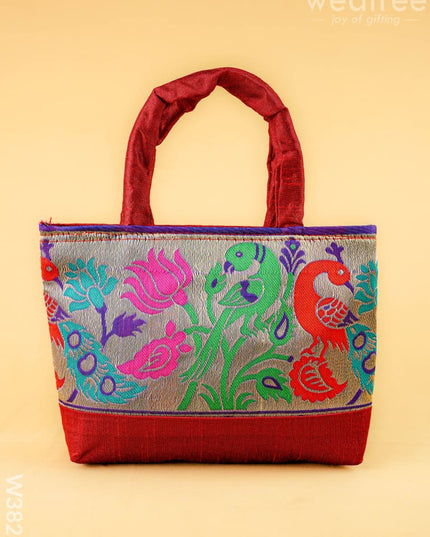 Hand bag raw silk with Peacock design - W3826 - Hand Bags
