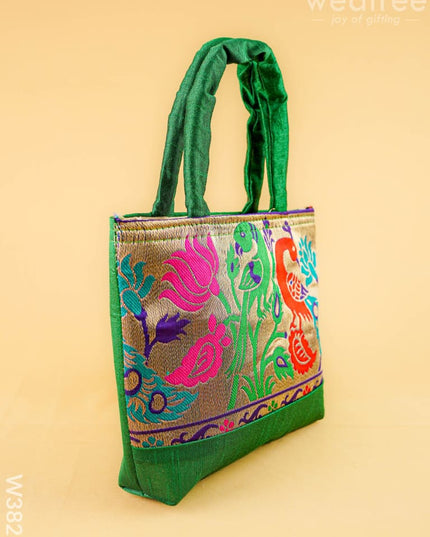 Hand bag raw silk with Peacock design - W3826 - Hand Bags