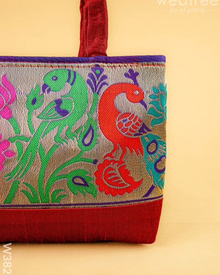 Hand bag raw silk with Peacock design - W3826 - Hand Bags