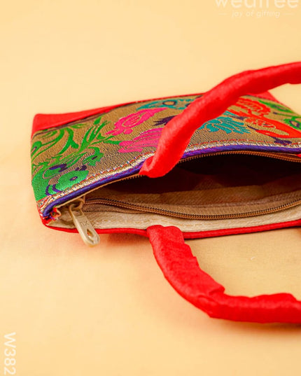 Hand bag raw silk with Peacock design - W3826 - Hand Bags