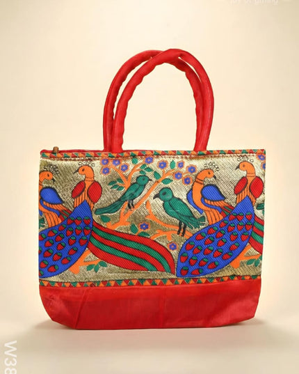 Hand bag raw silk with Peacock design - W3826 - Hand Bags