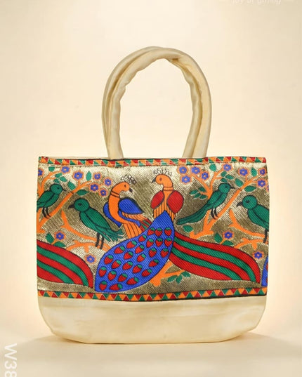 Hand bag raw silk with Peacock design - W3826 - Hand Bags