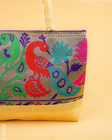 Hand bag raw silk with Peacock design - W3826 - Hand Bags