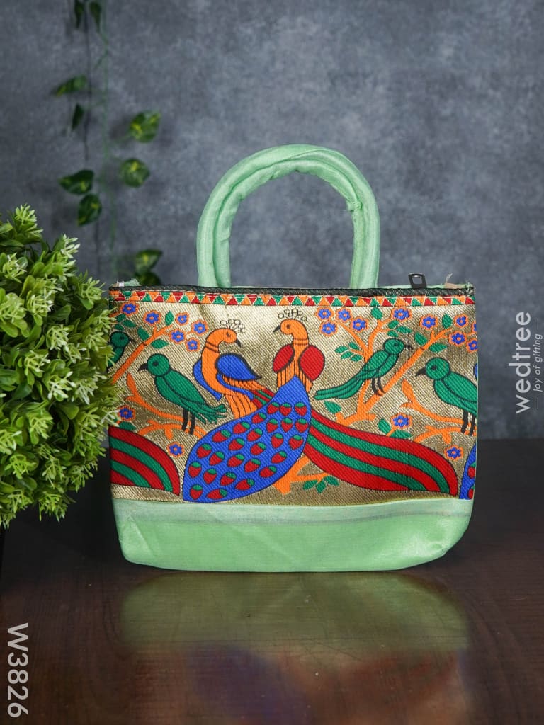 Hand Bag Raw Silk With Peacock Design - W3826 Bags