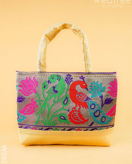 Hand bag raw silk with Peacock design - W3826 - Hand Bags