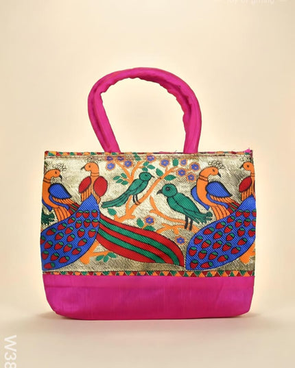 Hand bag raw silk with Peacock design - W3826 - Hand Bags