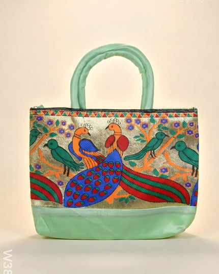 Hand bag raw silk with Peacock design - W3826 - Hand Bags