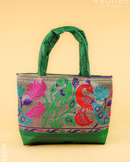 Hand bag raw silk with Peacock design - W3826 - Hand Bags