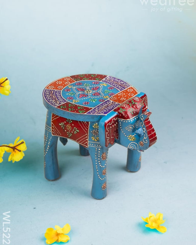 Hand Painted Elephant Stool - Blue - 8 inch - WL5222 - Elephant Stool