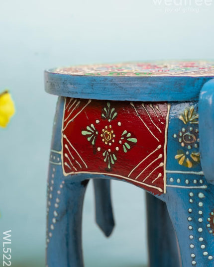 Hand Painted Elephant Stool - Blue - 8 inch - WL5222 - Elephant Stool