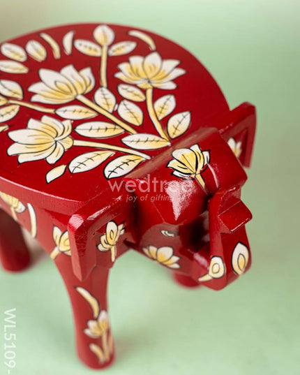 Hand Painted Floral Design Elephant Stool - Big - Red - WL5109-2 Elephant Stool