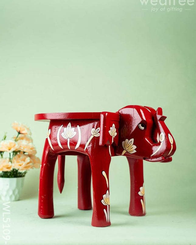 Hand Painted Floral Design Elephant Stool - Big - Red - WL5109-2 Elephant Stool