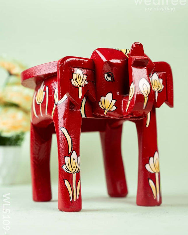 Hand Painted Floral Design Elephant Stool - Big - Red - WL5109-2 Elephant Stool