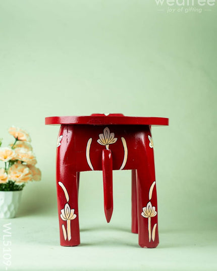 Hand Painted Floral Design Elephant Stool - Big - Red - WL5109-2 Elephant Stool