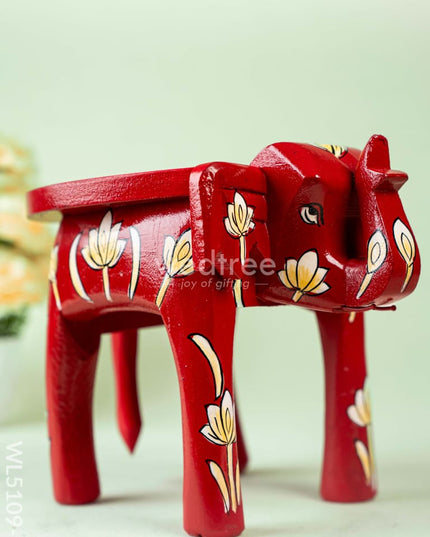 Hand Painted Floral Design Elephant Stool - Big - Red - WL5109-2 Elephant Stool