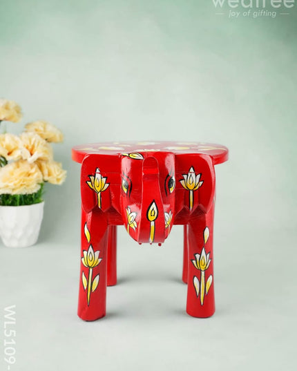 Hand Painted Floral Design Elephant Stool - 8 inch - Red - WL5109-1 - Elephant Stool