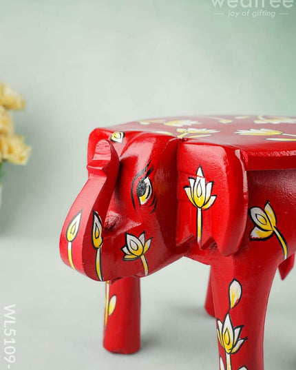 Hand Painted Floral Design Elephant Stool - 8 inch - Red - WL5109-1 - Elephant Stool