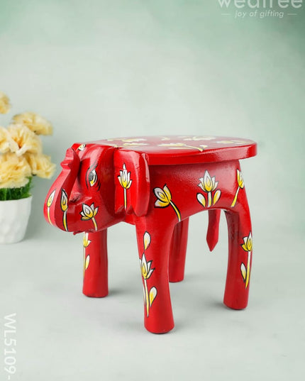 Hand Painted Floral Design Elephant Stool - 8 inch - Red - WL5109-1 - Elephant Stool