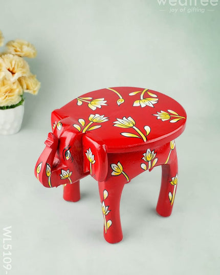 Hand Painted Floral Design Elephant Stool - 8 inch - Red - WL5109-1 - Elephant Stool