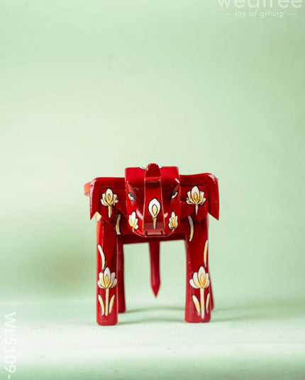 Hand Painted Floral Design Elephant Stool - Small - Red - WL5109-1 Elephant Stool
