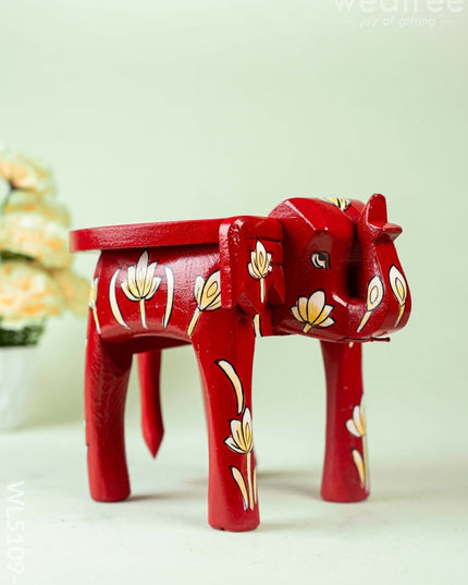 Hand Painted Floral Design Elephant Stool - Small - Red - WL5109-1 Elephant Stool
