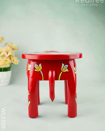 Hand Painted Floral Design Elephant Stool - 8 inch - Red - WL5109-1 - Elephant Stool