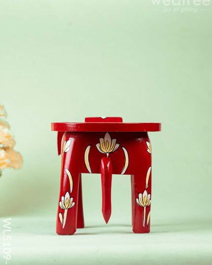 Hand Painted Floral Design Elephant Stool - Small - Red - WL5109-1 Elephant Stool