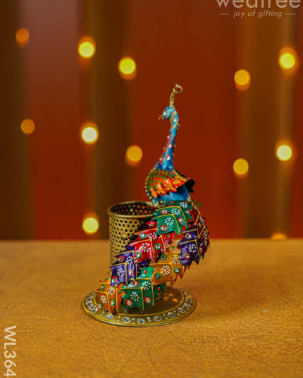 Hand Painted Peacock Pen Stand - WL3641 - Metal Decor Utility