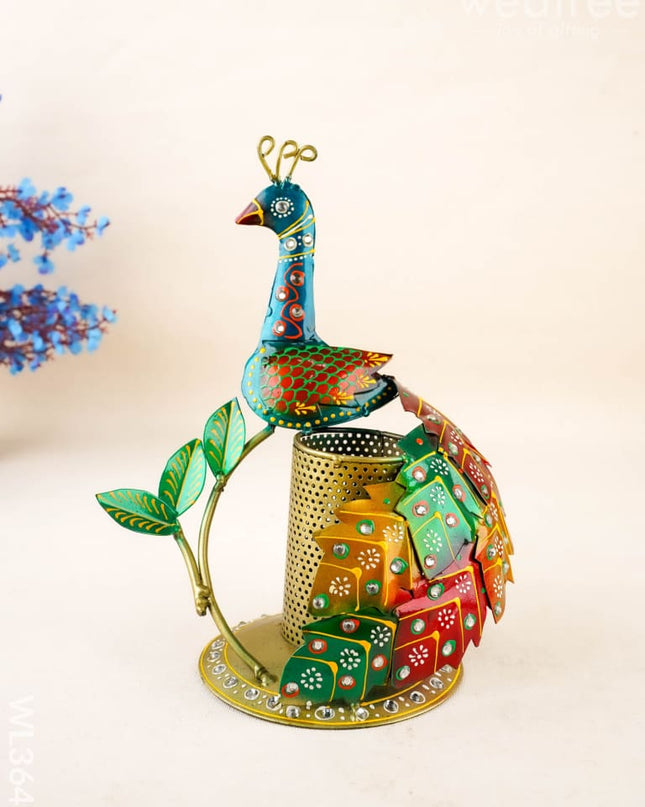 Hand Painted Peacock Pen Stand - WL3641 - Metal Decor Utility