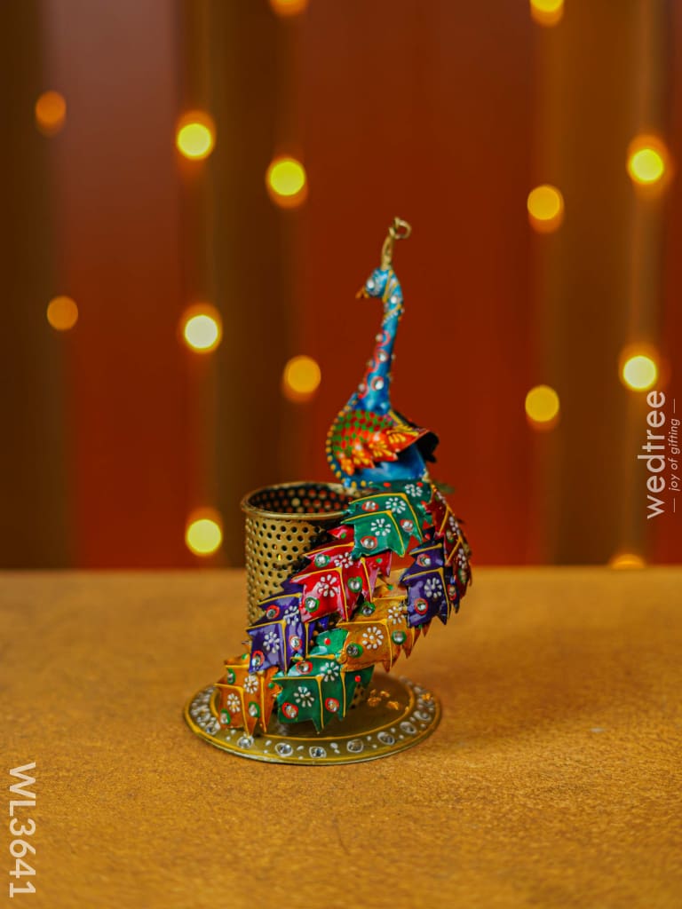 Hand Painted Peacock Pen Stand - Wl3641 Metal Decor Utility